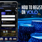 Yolo247 registration screen on a smartphone with poker chips and “How to Register on Yolo247” text on a blue casino background