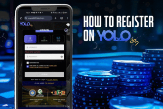 Yolo247 registration screen on a smartphone with poker chips and “How to Register on Yolo247” text on a blue casino background