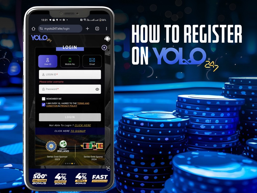 Yolo247 registration screen on a smartphone with poker chips and “How to Register on Yolo247” text on a blue casino background